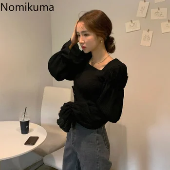 Nomikuma ženske bluze jesen novi puna korejski šik kvadratnom ovratnik majice sa zelenim rukavima majice Femme Fashion Casual Lady Blusa 3d121