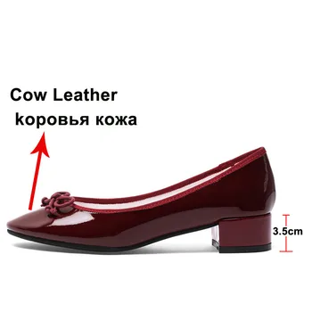 FOREADA pumpe Ženske cipele prirodna prirodna koža med štikle luk blok peta Cipele cijele čarapa Ženska obuća bordo crvena crna 3340