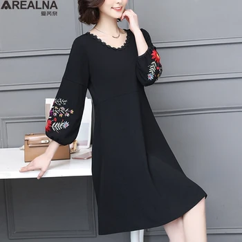 Plus size crna haljina ženska elegantna vez cvijet t-shirt haljine s bogatim rukava čipke V izrez Ženska odjeća Ženske haljine 4XL