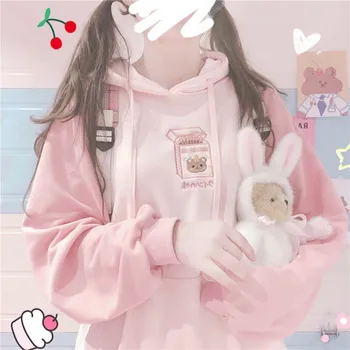 Japanski soft sestro slatka djevojka makarona u boji spojeni s kapuljačom majica majica malo svježe Harajuku crtani vez pulover