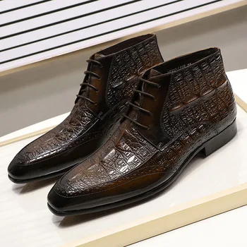 2019 rock stil muške čizme od prave kože Krokodila Pattern zgodan crn braon čipke najviši vrh muške cipele