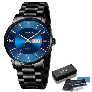 Relogio masculino CRRJU mens moda ručni sat za muškarce od nehrđajućeg čelika grupa vodootporan datum plavi poklon kvarcni sat