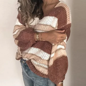 ELSVIOS 3XL Zima Jesen džemper žene Seksi V vrat šarenilo plesti pulover 2019 elegantan prugasta svakodnevni dugi rukav povući žicu